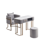 Juego de Manicura de Mármol Premium + Sillón con Almohadón Tela Plush + Puff Plush con Bases de Hierro Dorado